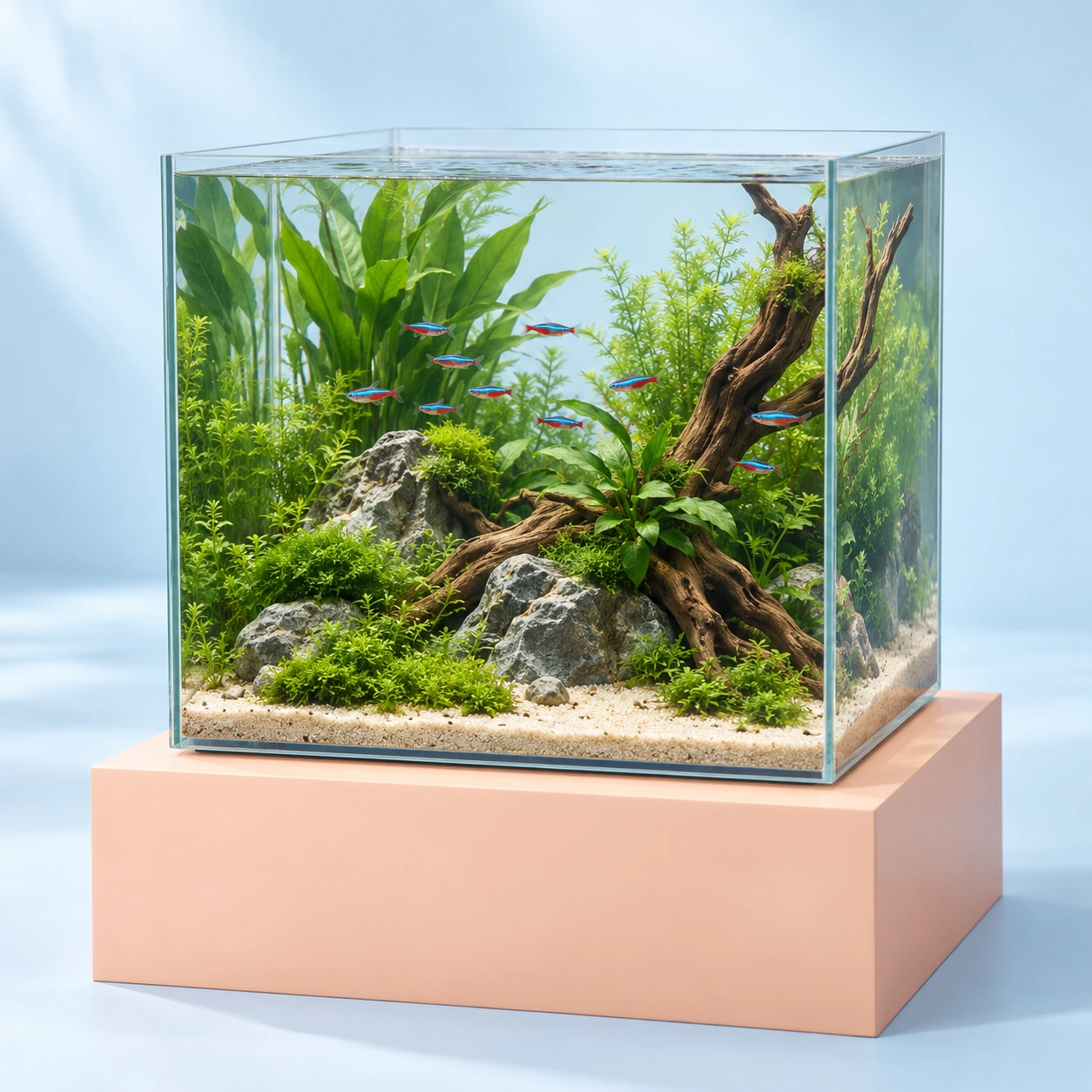 Acuario de cristal con plantas verdes y peces sobre un pedestal melocotón