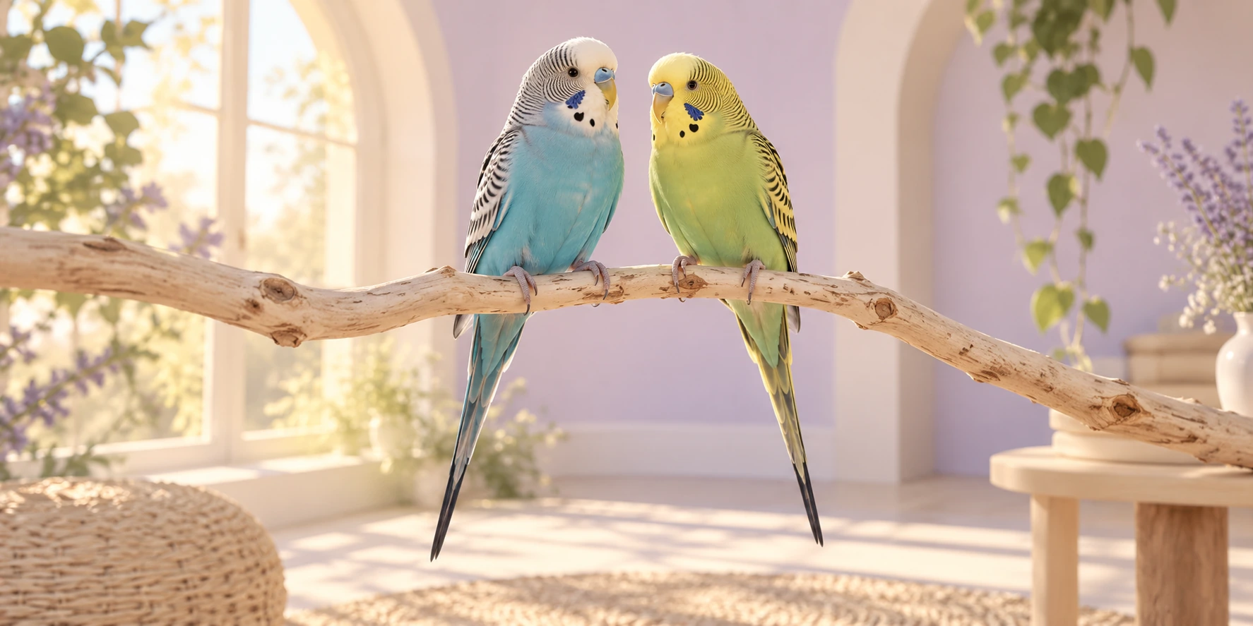 Dos periquitos azul y amarillo sobre una rama en un espacio lavanda
