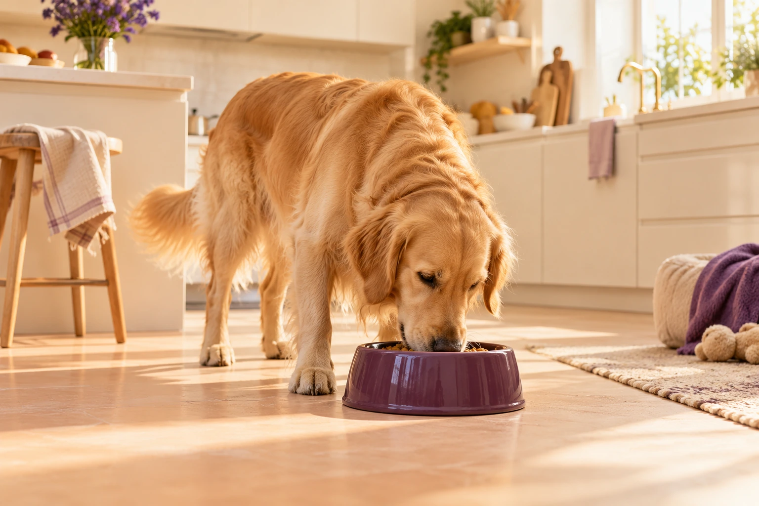 Un golden retriever come de un cuenco violeta en una cocina luminosa