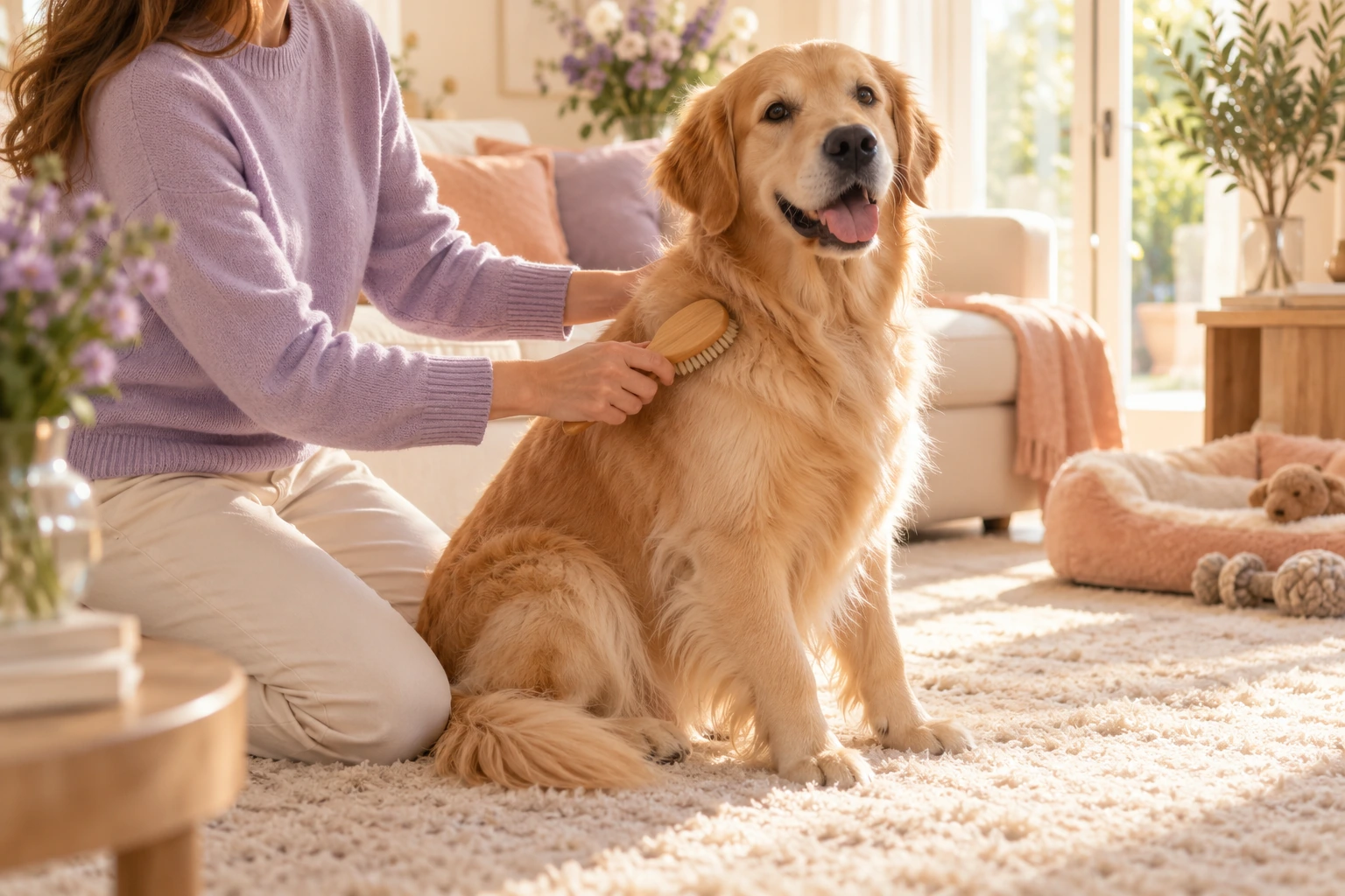 Una persona con jersey lavanda cepilla con cariño a un golden retriever
