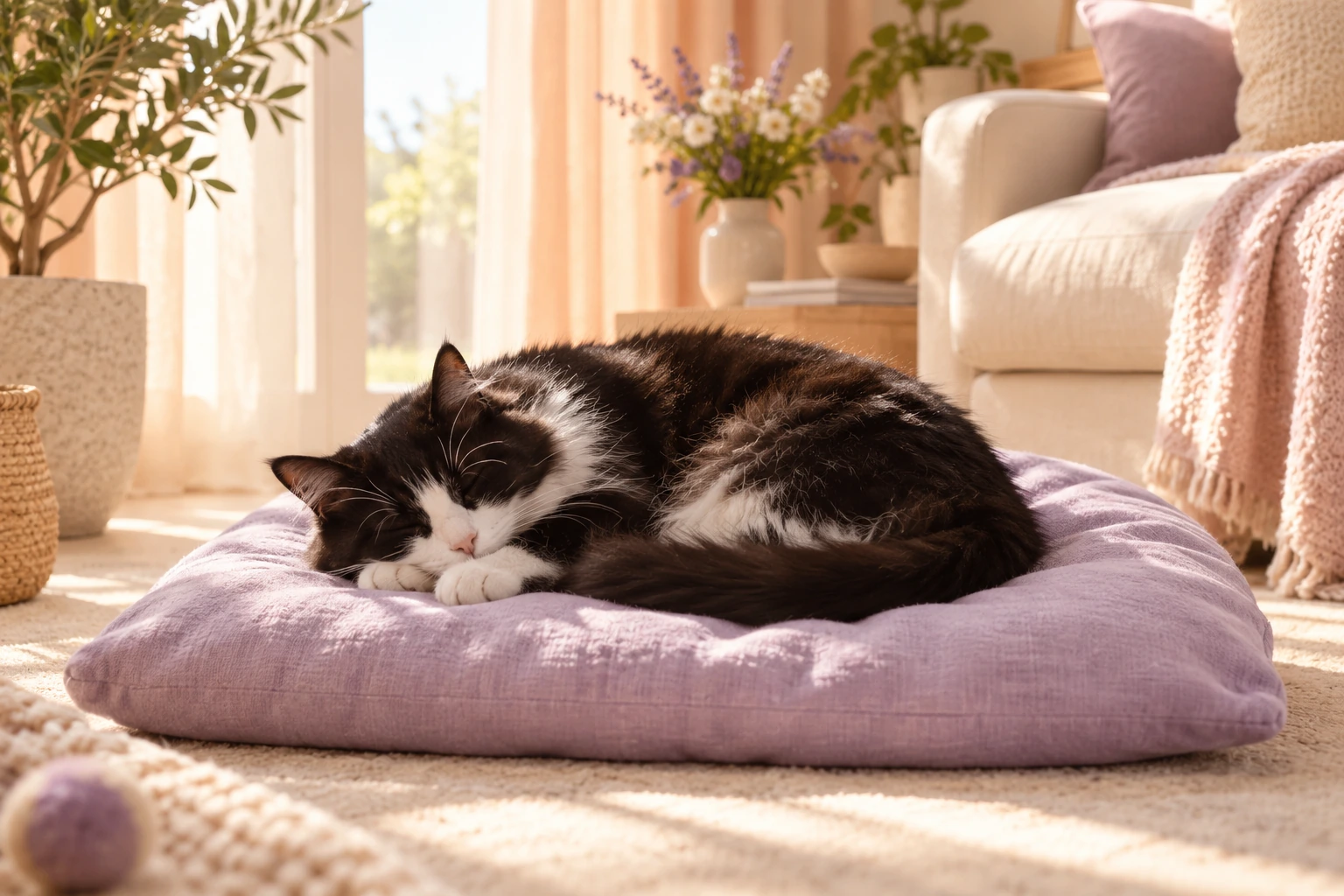 Un gato blanco y negro duerme sobre un cojín lavanda