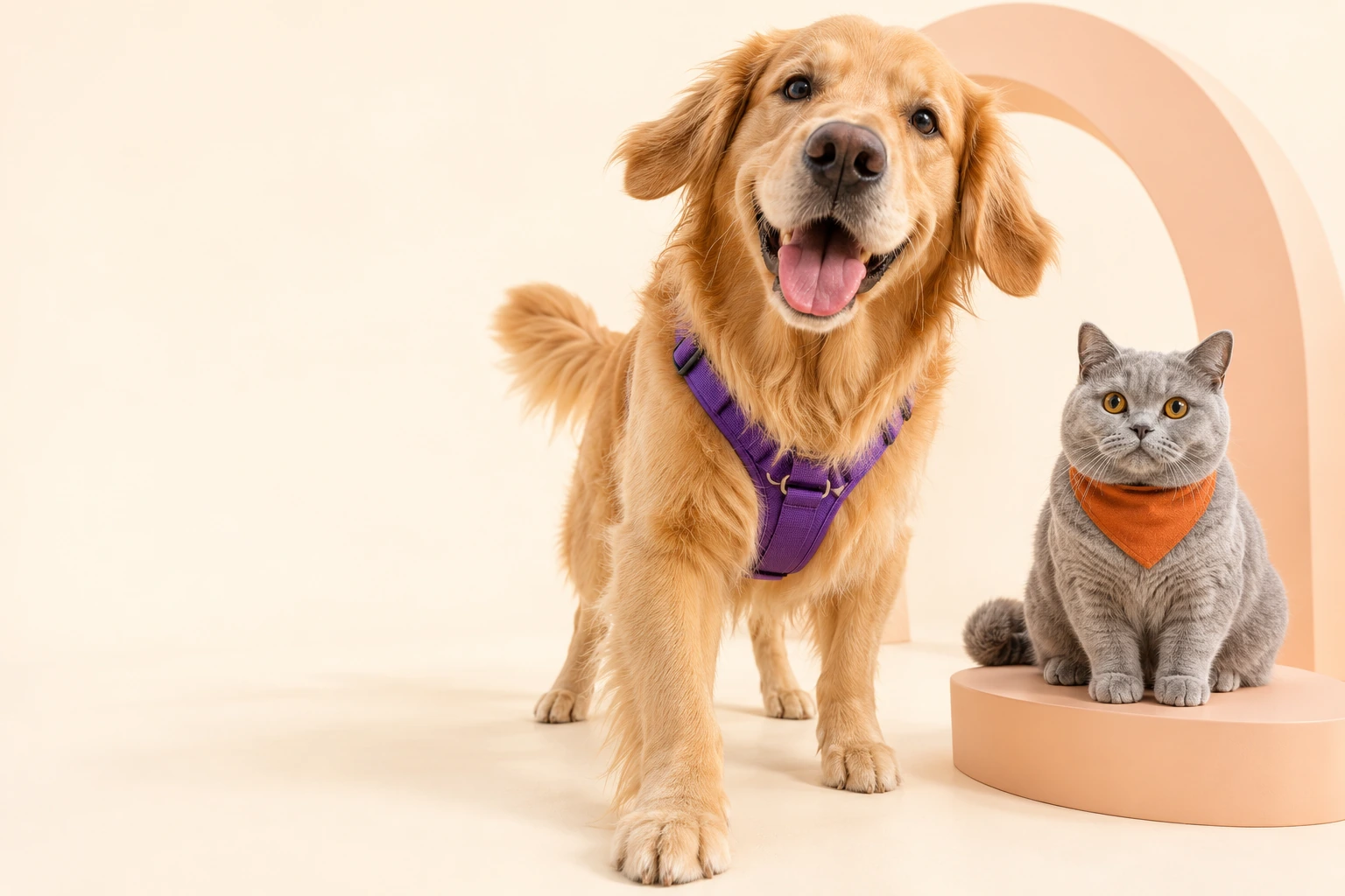 Un golden retriever con arnés violeta y un gato gris con pañuelo naranja posan en un estudio luminoso