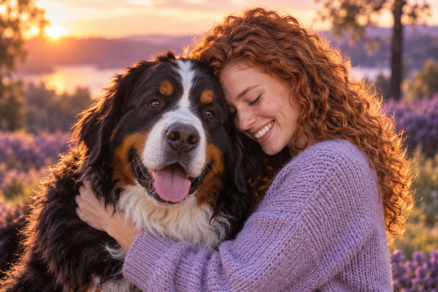 Una mujer de cabello rizado abraza a su perro de montaña de Berna al atardecer
