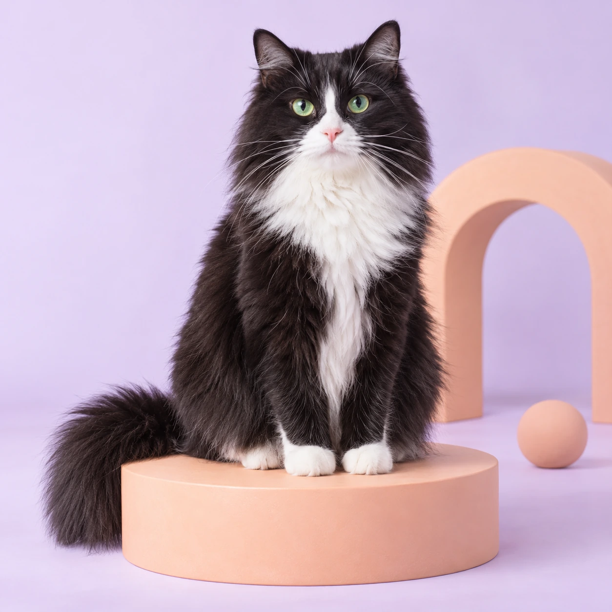 Gato blanco y negro de ojos verdes sobre un pedestal melocotón