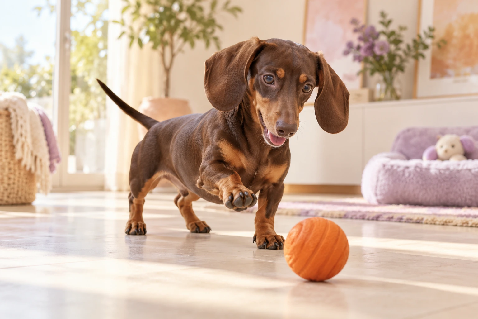 Un teckel chocolate juega con una pelota naranja en un salón soleado