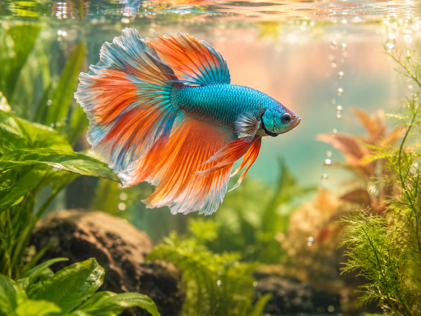 Pez betta azul turquesa y naranja nadando en un acuario plantado