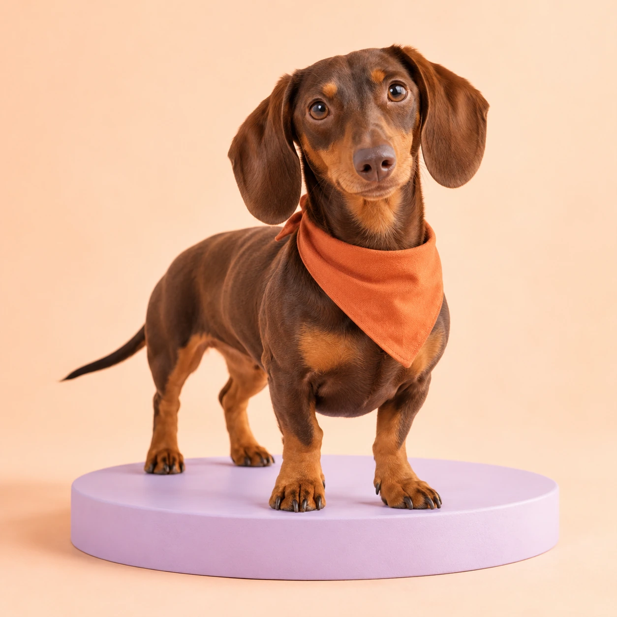 Teckel chocolate con pañuelo naranja sobre un pedestal lavanda