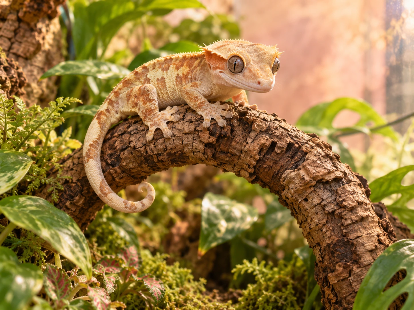 Gecko crestado sobre una rama de corcho dentro de un terrario con plantas