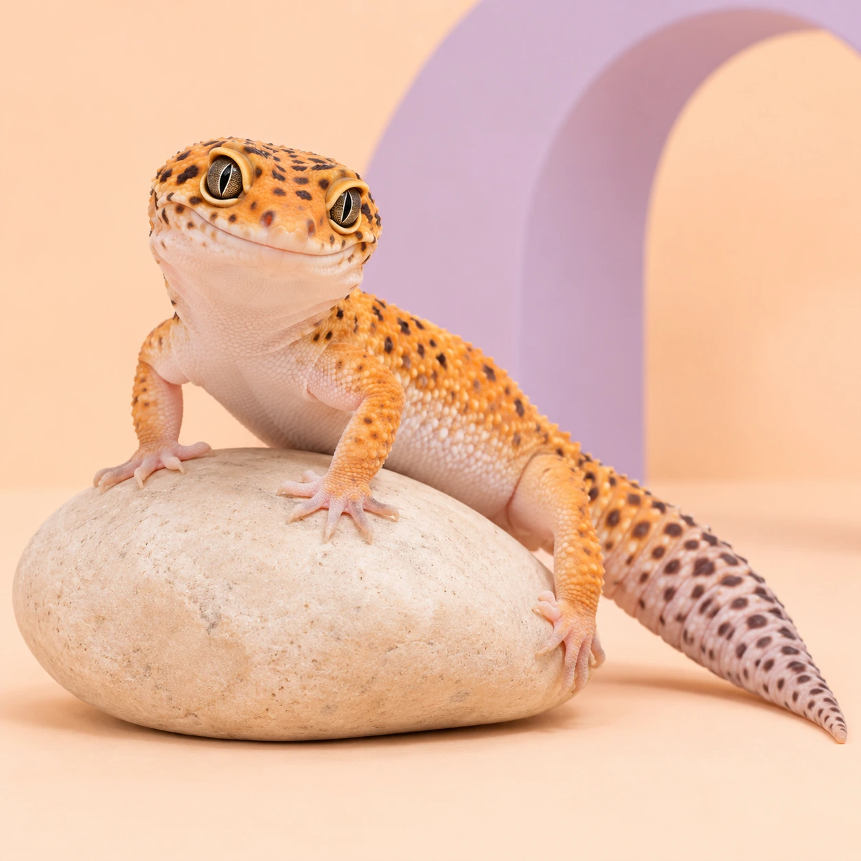 Gecko naranja sobre una piedra clara con fondo pastel