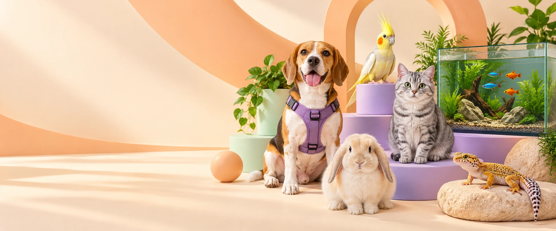 Un beagle, un gato, un conejo, una ninfa, peces en su acuario y un gecko en un escenario de arcos melocotón y pedestales lavanda